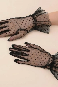 Kısa Güpürlü Siyah Puantiyeli Tül Eldiven