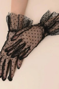Kısa Güpürlü Siyah Puantiyeli Tül Eldiven
