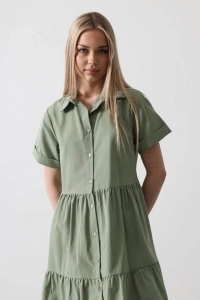 Kısa Kol Düğmeli Elbise - Haki