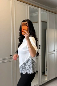Kısa Kollu Bısıklet Yakalı Dantel Detaylı Vıskon ıkı ıplık Bluz