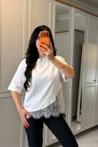Kısa Kollu Bısıklet Yakalı Dantel Detaylı Vıskon ıkı ıplık Bluz