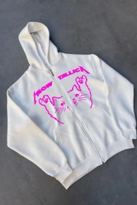 Kışlık Baskılı Fermuarlı Kapüşonlu Hırka - Beyaz