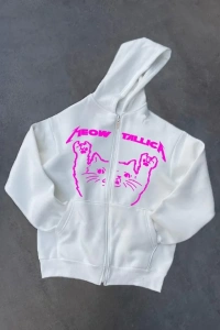 Kışlık Baskılı Fermuarlı Kapüşonlu Hırka - Beyaz