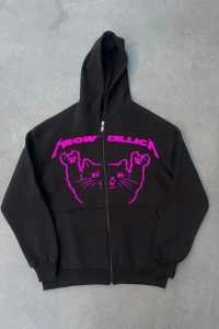 Kışlık Baskılı Fermuarlı Kapüşonlu Hırka - Siyah