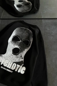 Kışlık Bisiklet Yaka Baskılı SweatShirt - Siyah