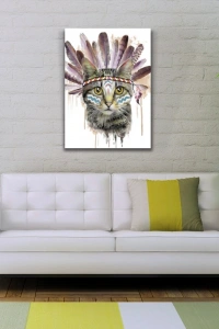 Kızılderili Kıyafetli Sevimli Kedi Kanvas Tablo 50 x 70