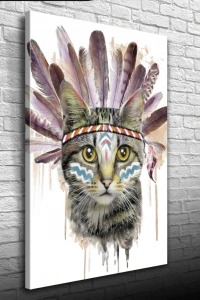 Kızılderili Kıyafetli Sevimli Kedi Kanvas Tablo 50 x 70