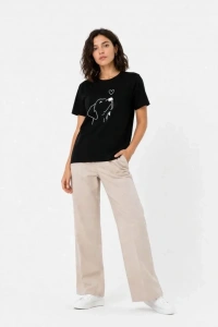 Köpek Figürlü Minimal Baskılı Tişört Kısa Kol Yazlık T-Shirt - Siyah