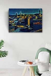 Köy Silueti Mavi Tonlarda Kanvas Tablo 50 x 70