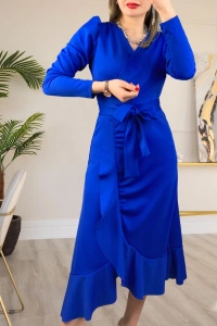 Krep Kumaş Midi Boy Kuşaklı Uzunkol Elbise