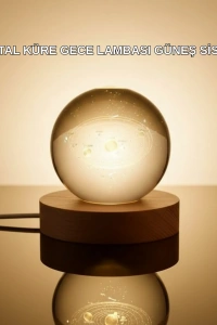 Kristal Gezegen Küre Ahşap Tabanlı USB Işıklı Gece Lambası