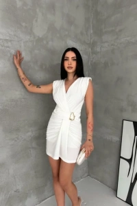 Kruvaze Drapeli Tokalı Mini Elbise Şık Gece Davet Abiye - Beyaz