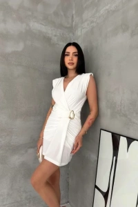 Kruvaze Drapeli Tokalı Mini Elbise Şık Gece Davet Abiye - Beyaz