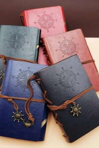 Küçük Boy Pusula Baskılı Deri Defter