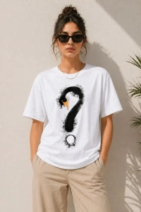 Kuğu Figürlü Soru İşareti Baskılı Tişört Kısa Kol T-Shirt - Beyaz