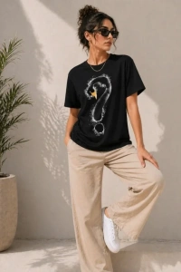 Kuğu Figürlü Soru İşareti Baskılı Tişört Kısa Kol T-Shirt - Siyah