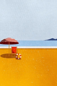 Kumsalda Kırmızı Şemsiye ve Şezlong Kanvas Tablo 50 x 70