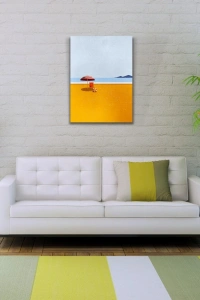 Kumsalda Kırmızı Şemsiye ve Şezlong Kanvas Tablo 50 x 70