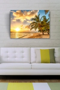 Kumsalda  Palmiyeler ve Günbatımı Kanvas Tablo 50 x 70