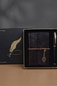 Kutulu Deri Defter ve Metal Roller Kalem Seti - Yaprak Desenli - Baskıya Uygun