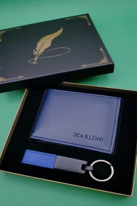 Kutulu Mavi Deri Cüzdan Ve Anahtarlık Seti