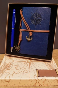 Lacivert Pusula Tasarım Deri Defter Ve Tükenmez Kalem Seti