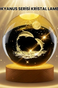 Lazer İşlemeli Yunus Kristal Küre Sıcak Işıklı Ahşap Standlı