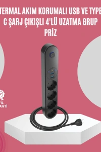 Led Anahtarlı Akım Korumalı Çoklu Priz 4 Priz 3 USB Girişli