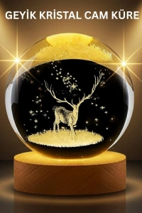 LED Işıklı Geyikli Kristal Küre Ahşap Standlı Modern Dekor Lamba