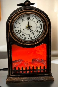 LED Işıklı Siyah Eskitme Şömine Saat