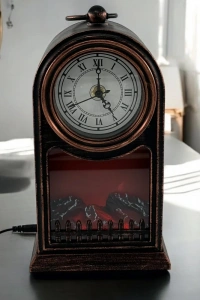 LED Işıklı Siyah Eskitme Şömine Saat