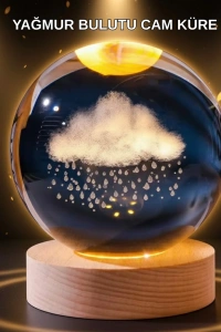 LED Sıcak Işıklı 3D Bulut Figürlü Kristal Küre Ahşap Standlı Gece Lambası