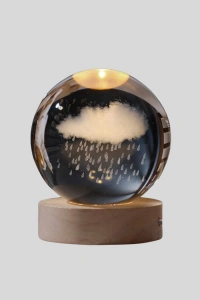 LED Sıcak Işıklı 3D Bulut Figürlü Kristal Küre Ahşap Standlı Gece Lambası