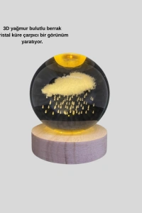 LED Sıcak Işıklı 3D Bulut Figürlü Kristal Küre Ahşap Standlı Gece Lambası