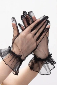 Likralı Güpürlü Yetişkin Tül Eldiven Siyah