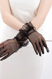 Likralı Güpürlü Yetişkin Tül Eldiven Siyah