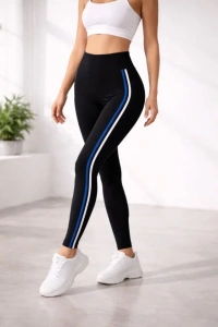 Likralı Yan Beyaz Mavi Şeritli Detaylı Tayt - Siyah