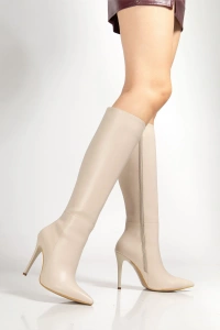 LS-226 Bej Cilt Fermuarlı Lastikli İnce Yüksek Topuklu Kadın Çizme