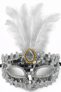 Lüks Gümüş Tüylü Taşlı Balo Maskesi