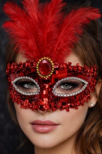 Lüks Kırmızı Tüylü Taşlı Balo Maskesi