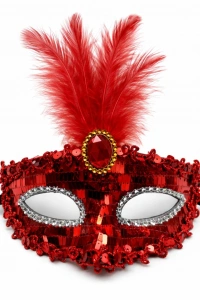 Lüks Kırmızı Tüylü Taşlı Balo Maskesi