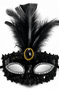 Lüks Siyah Tüylü Taşlı Balo Maskesi