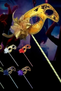 Lüks Taşlı Saplı Balo Maskesi Altın Renk