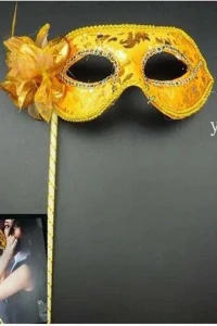 Lüks Taşlı Saplı Balo Maskesi Altın Renk