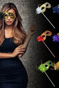 Lüks Taşlı Saplı Maskeli Balo Maskesi Mor Renk 35 cm