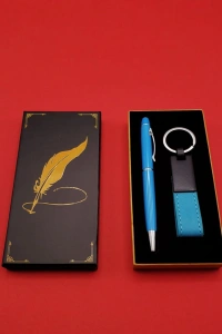 Mavi Metal Deri Anahtarlık ve Kalem Seti