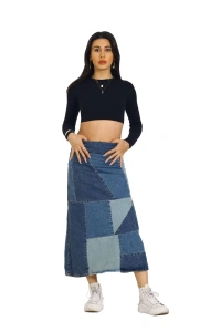 Mavi Patchwork Desenli Denim Kot Etek