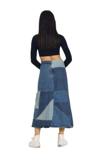 Mavi Patchwork Desenli Denim Kot Etek