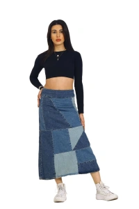 Mavi Patchwork Desenli Denim Kot Etek