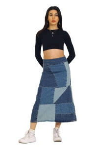 Mavi Patchwork Desenli Denim Kot Etek